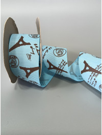 Репсова стрічка. Ширина  4 см. Колір  чорні вежі на блакитному тлі. Ціна вказана за 1 метр