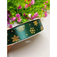 Атласна стрічка/сніжинки смарагд/2.5 см/1 метр