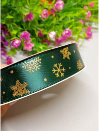Атласна стрічка/сніжинки смарагд/2.5 см/1 метр