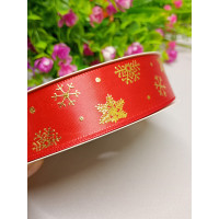 Атласна стрічка/сніжинки червона/2.5 см/1 метр