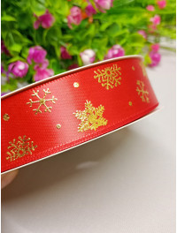 Атласна стрічка/сніжинки червона/2.5 см/1 метр