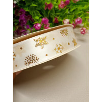 Атласная лента / снежинки белая  / 2.5 см / 1 метр