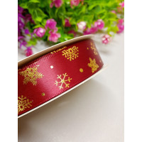 Атласна стрічка/сніжинки бордо/2.5 см/1 метр