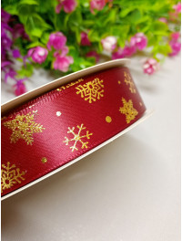 Атласна стрічка/сніжинки бордо/2.5 см/1 метр