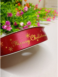 Атласна стрічка/Merry Christmas бордо/2.5 см/1 метр