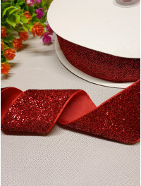 Бархатная лента с люрексом / 4 см / красный/ 1 метр