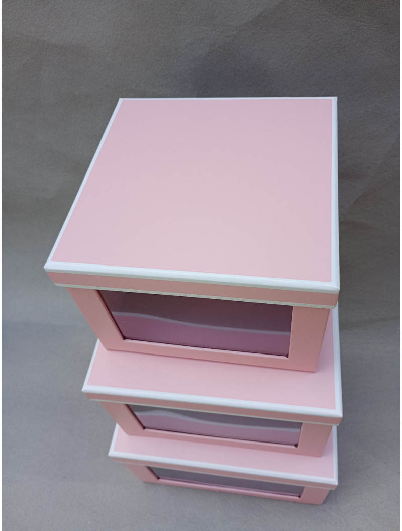 Подарункові коробки квадратні з вікном/набір 3 шт./рожевий