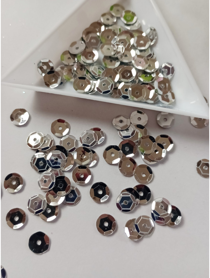 Паєтки грань круглі. Розмір 6 мм. срібло. паковання — 5 грамів